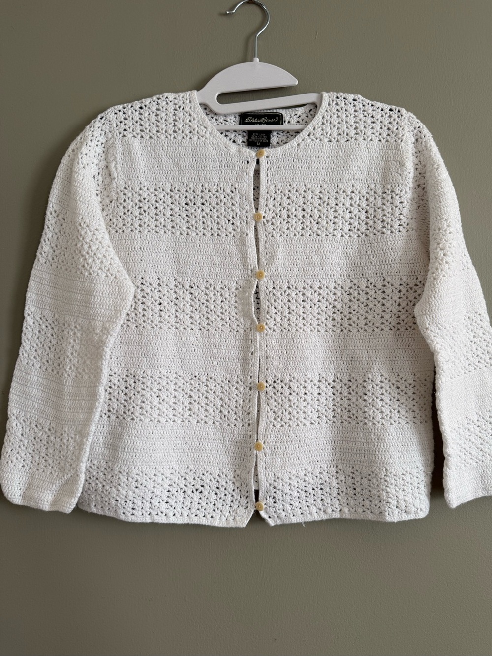 Eddie Bauer Vintage Crochet Cardigan White Ivory Cotton Medium Open Knit Coastal